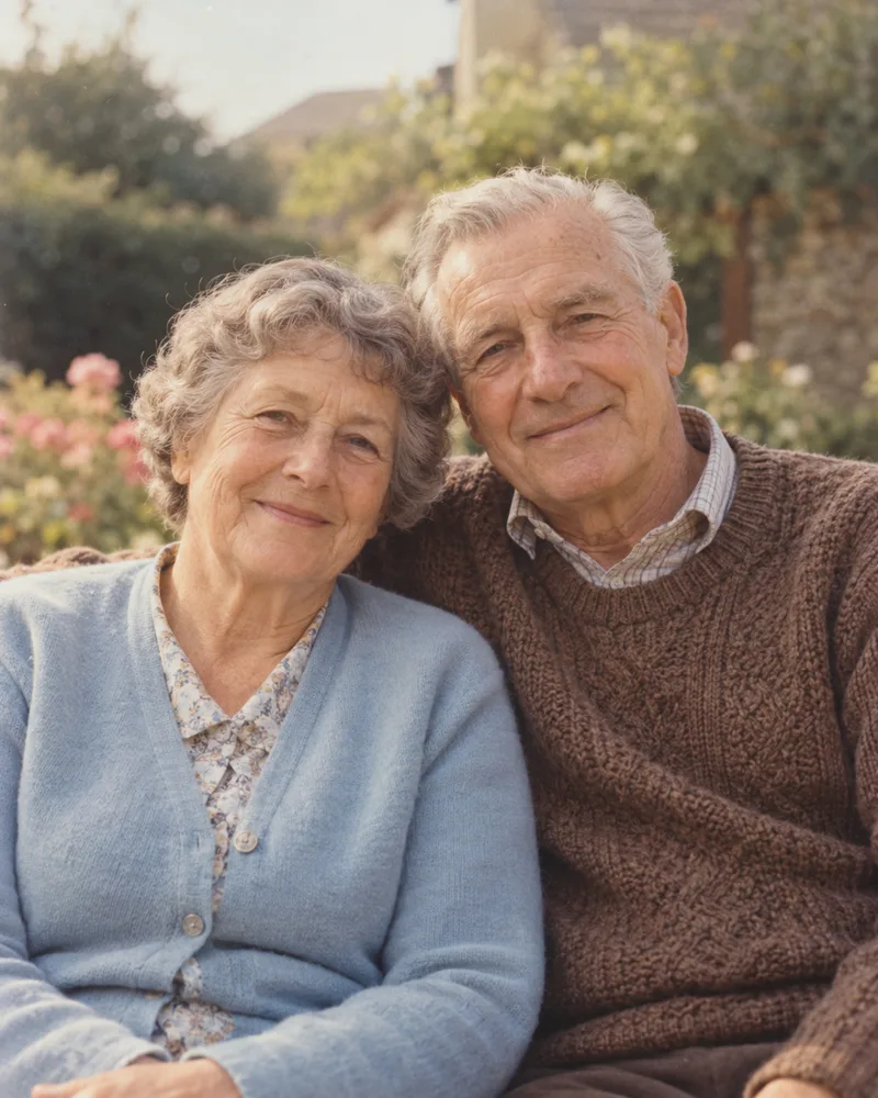 Illustrative vintage-style portrait of an elderly couple in a garden with softly faded tones