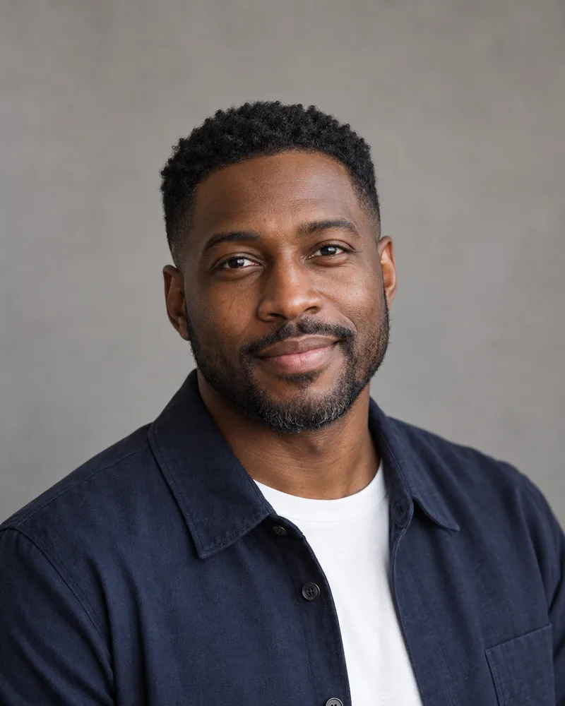 Illustrative headshot of a Black man in a navy overshirt against a gray studio background