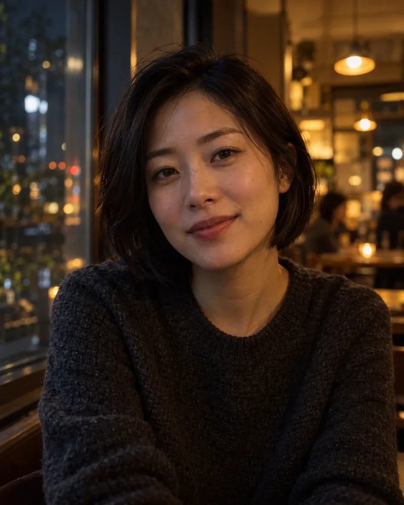 Illustrative low-light portrait of an East Asian woman by an evening cafe window