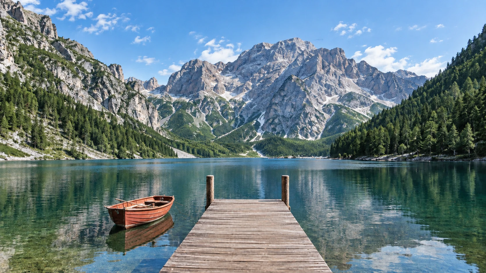 AI-edited lake and boat landscape with more balanced greens and blues