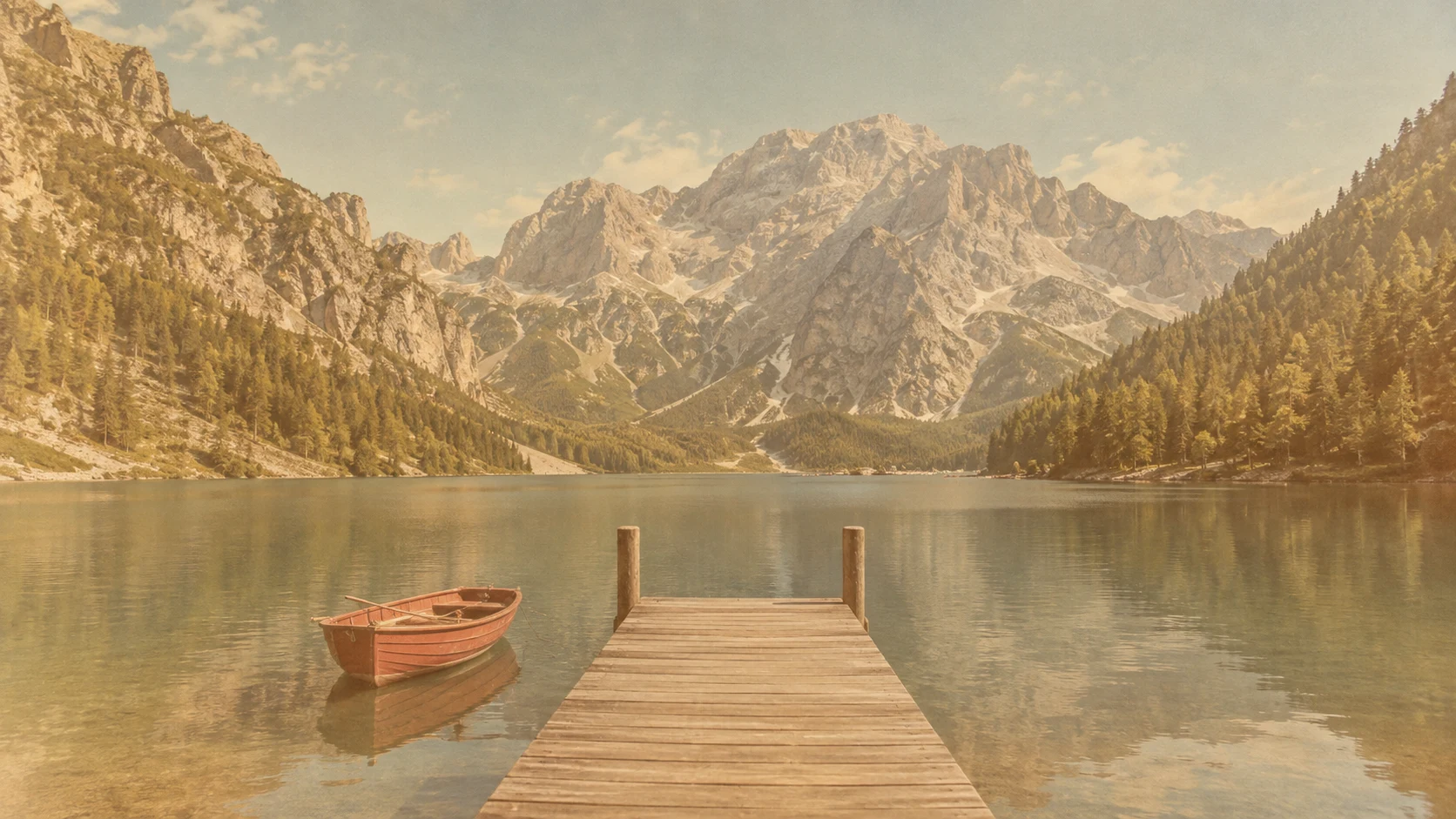 Lake and boat landscape with a faded sepia filter