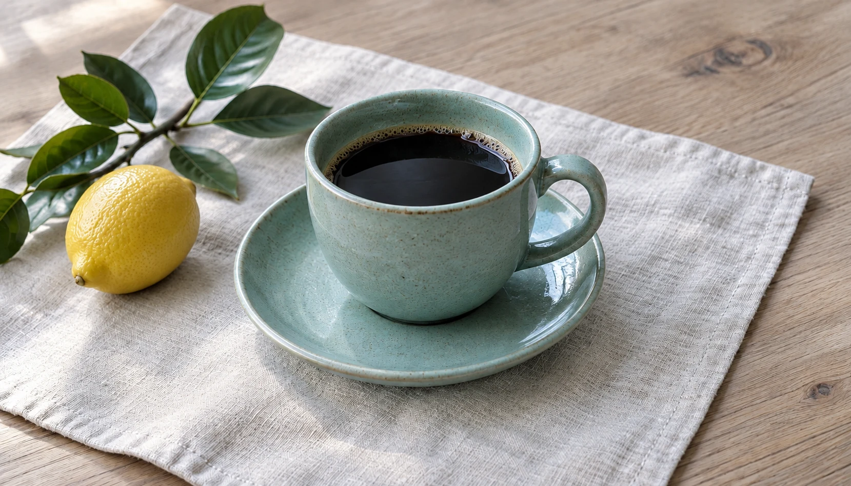 AI-edited product photo with a more neutral cup, linen and tabletop