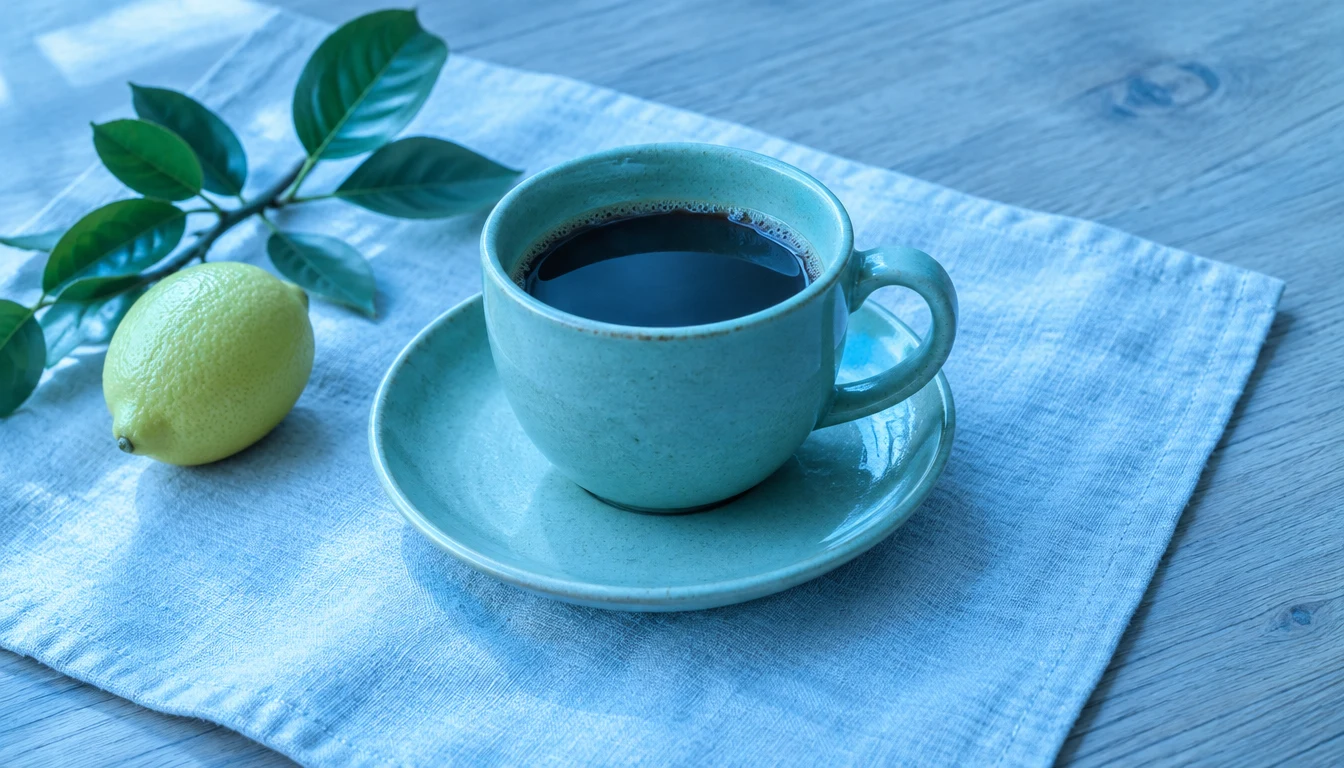 Product photo with a blue cast over a cup, linen and tabletop