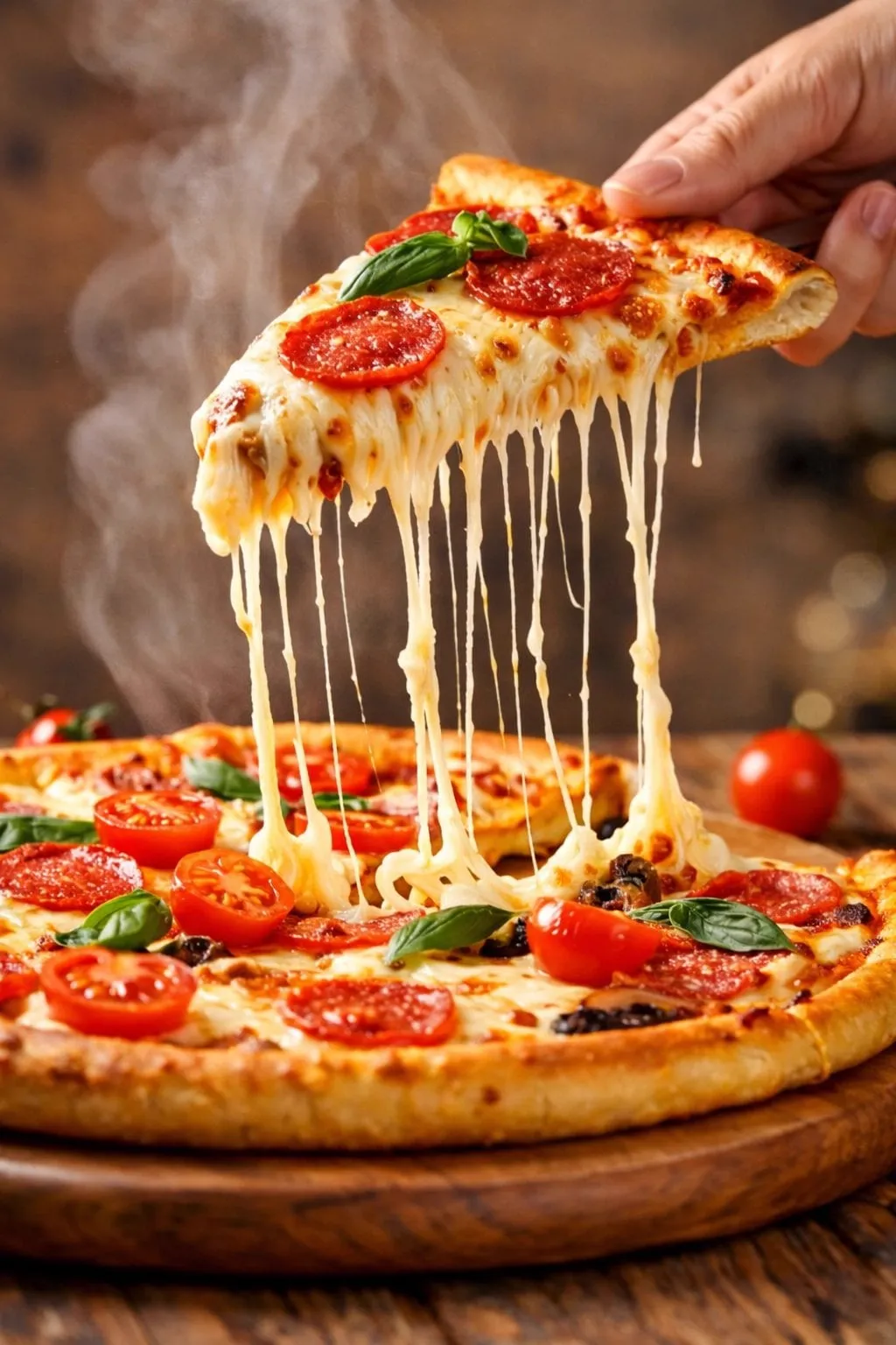 A hyper-realistic, cinematic close-up of a freshly baked pepperoni pizza slice…