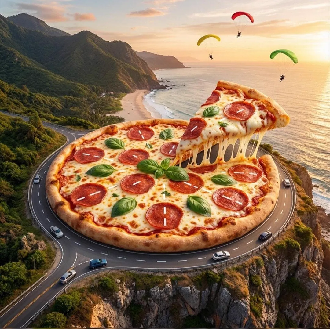 { "Objective": "Create a surreal, hyper-detailed fantasy world where pizza… — 1/4