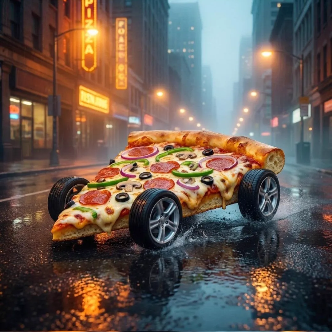 { "Objective": "Create a surreal, hyper-detailed fantasy world where pizza… — 2/4