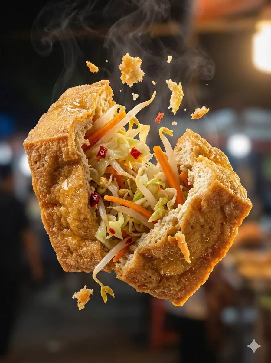 Macro food photography of a crispy martabak telur tearing open mid-air, thin… — 1/4
