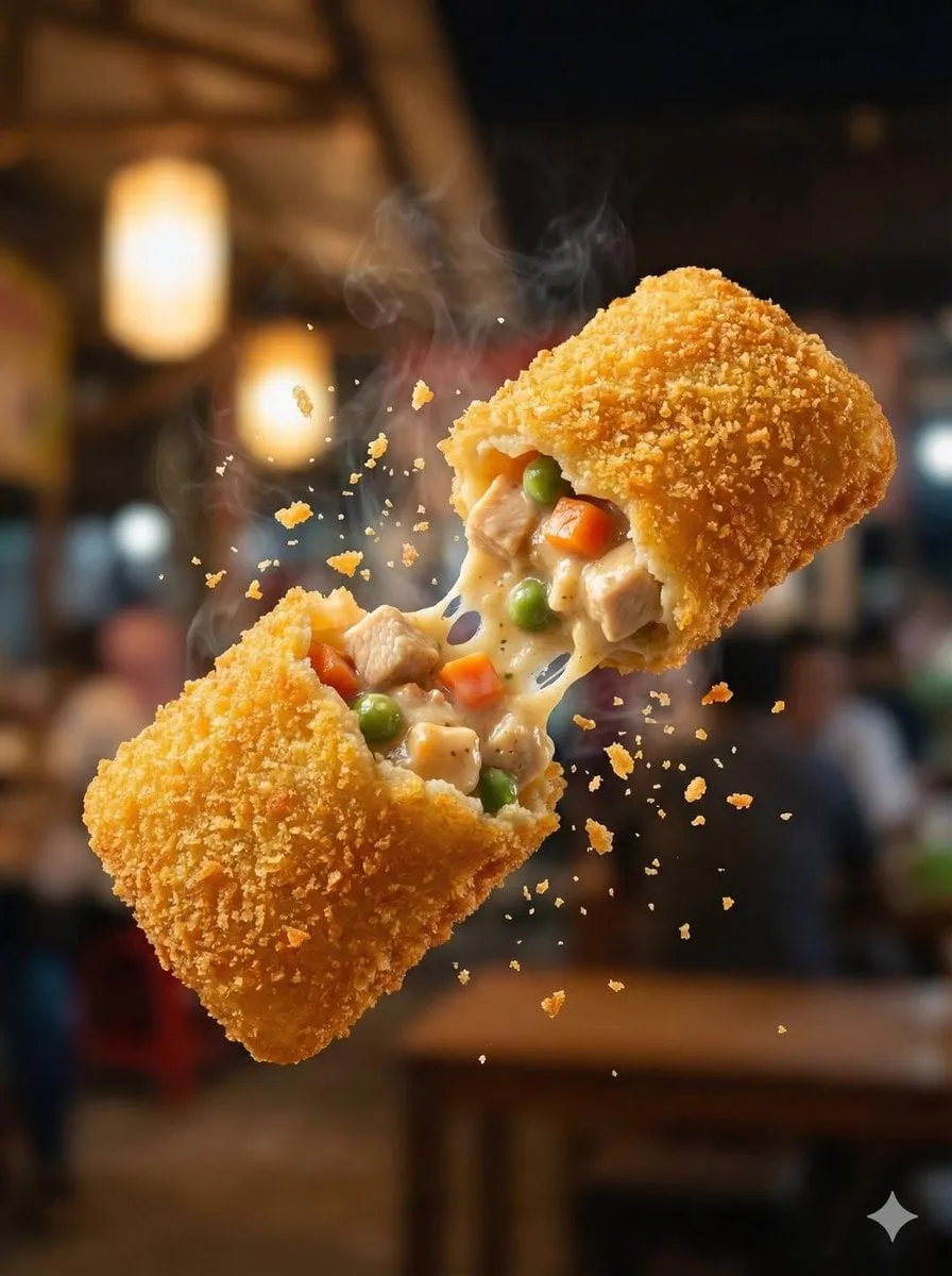 Macro food photography of a crispy martabak telur tearing open mid-air, thin… — 2/4