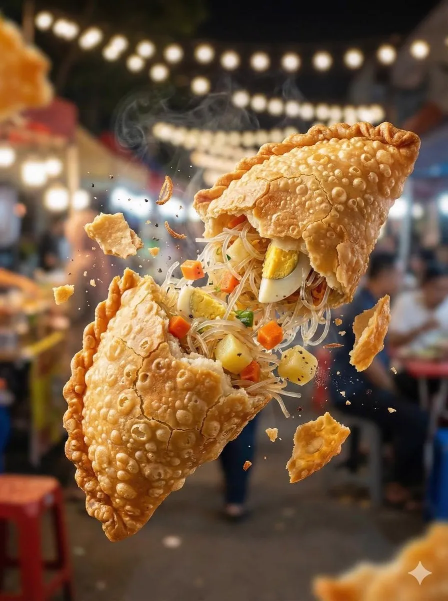 Macro food photography of a crispy martabak telur tearing open mid-air, thin… — 3/4