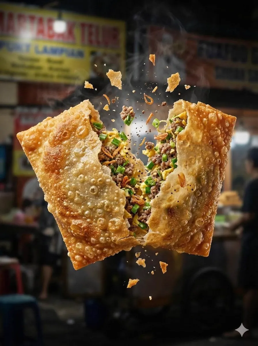Macro food photography of a crispy martabak telur tearing open mid-air, thin… — 4/4