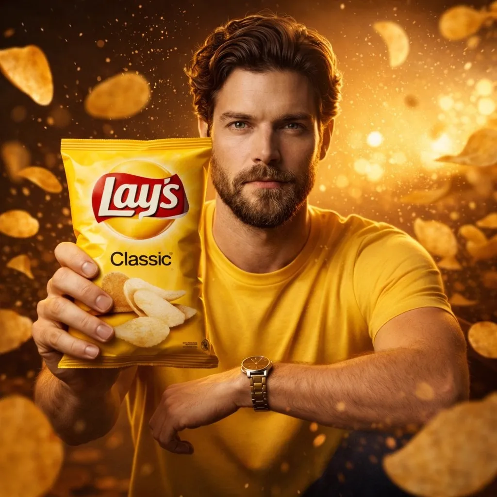 A cinematic, ultra-realistic advertising shot of a man holding a Lay’s [FLAVOR… — 1/2