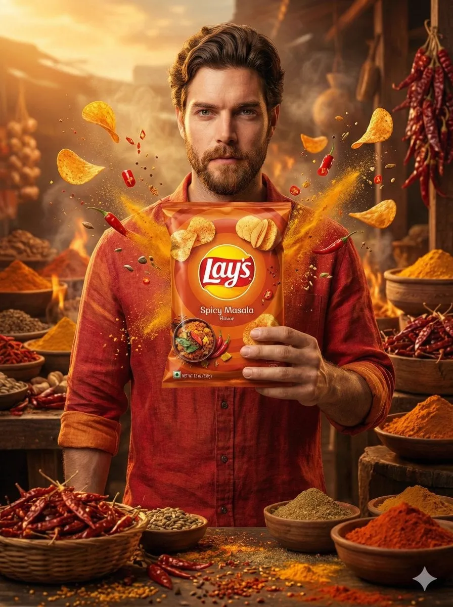 A cinematic, ultra-realistic advertising shot of a man holding a Lay’s [FLAVOR… — 2/2