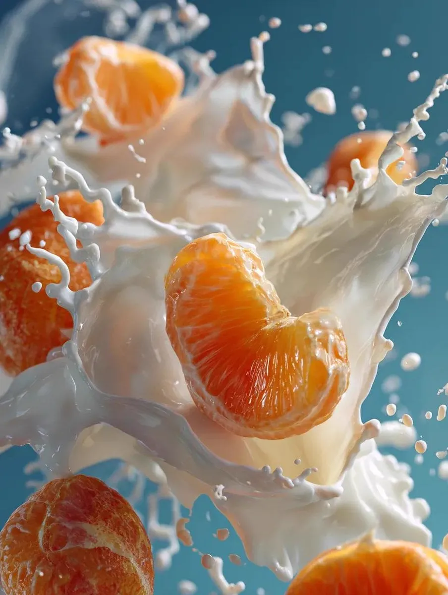 { "subject": { "primary": "Vibrant orange slices", "action": "Falling through… — 4/4