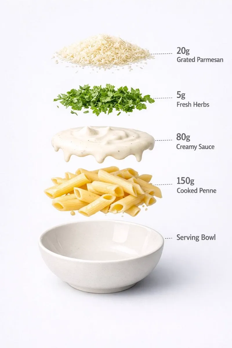 Ultra-realistic food photography of a prepared creamy white sauce penne pasta…