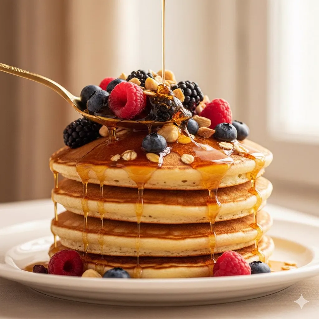 Ultra-luxury food commercial of a stack of thick, fluffy American pancakes with…