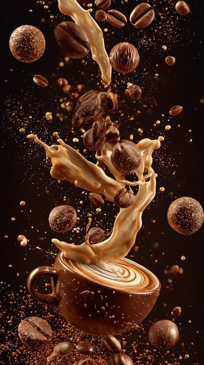 Ultra-cinematic vertical composition of coffee elements suspended in mid-air…