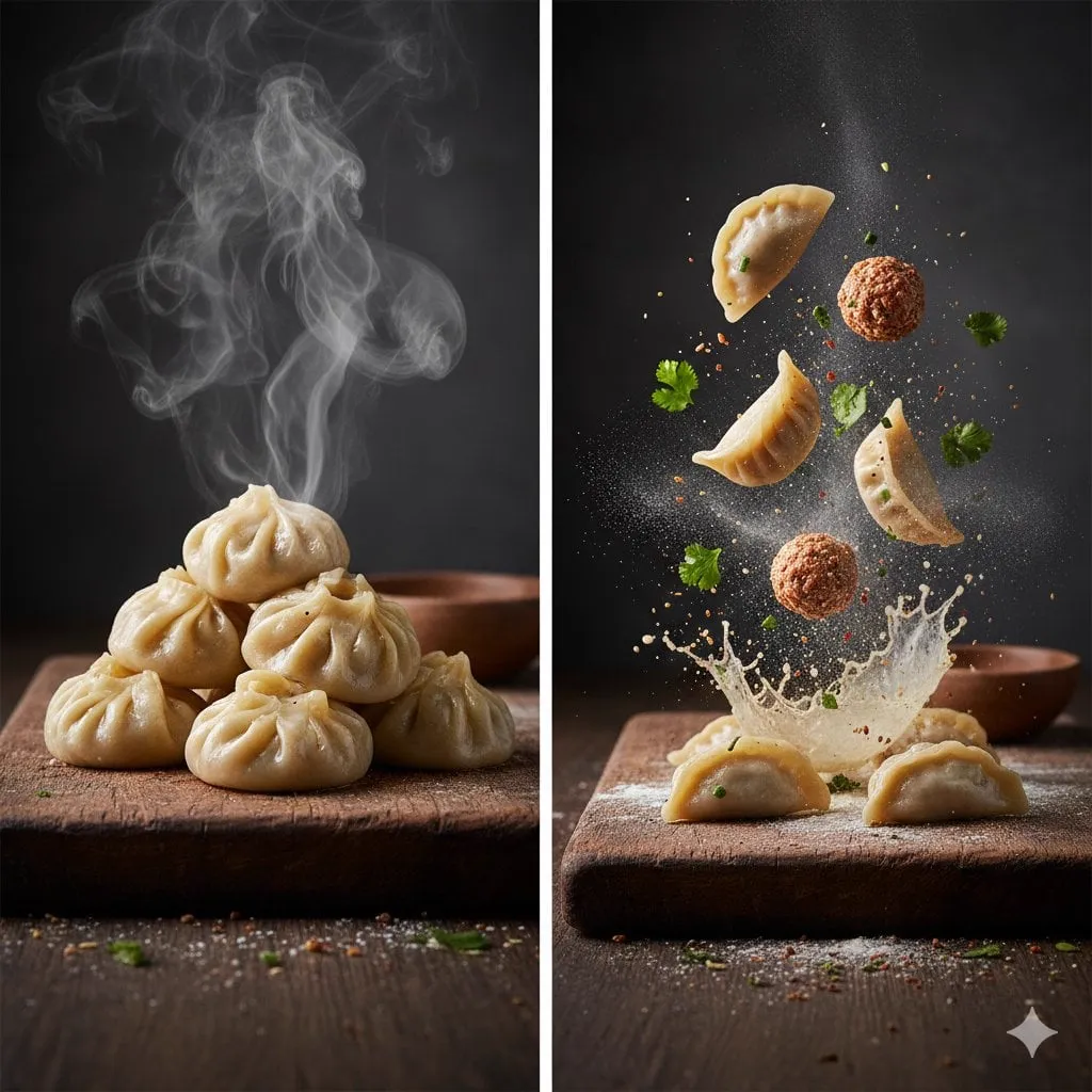 { The Cinematic Momo Duo Subject & Scene * Finished Dish: Freshly steamed…