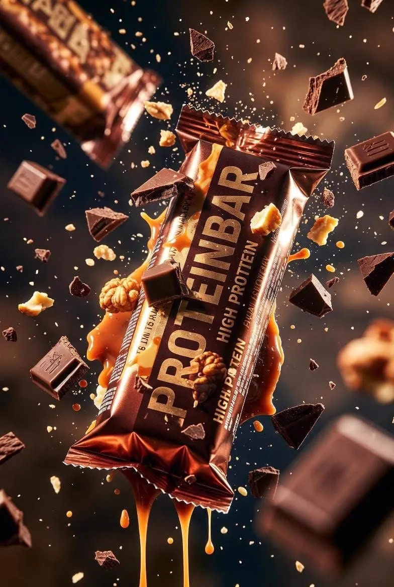 Ultra-cinematic product photography of a premium protein bar wrapped in… — 1/4