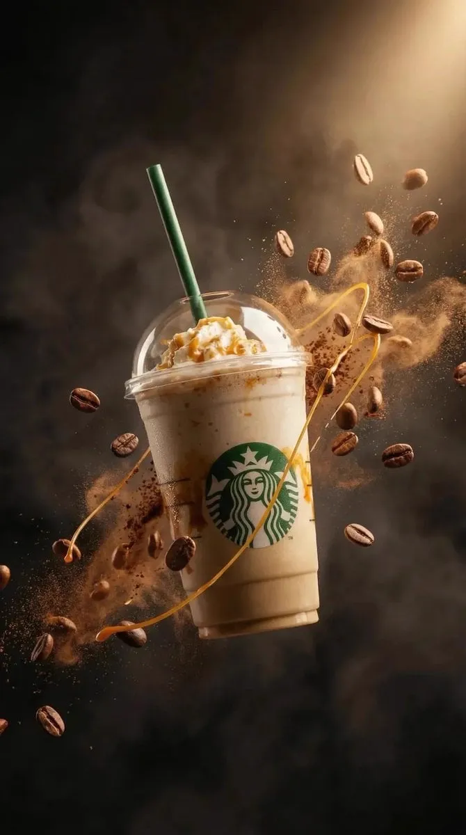 Ultra-realistic commercial product photography of a caramel frappuccino in a…