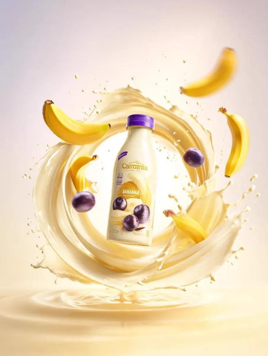 Premium banana milk drink bottle surrounded by swirling milk splash, floating… — 1/4