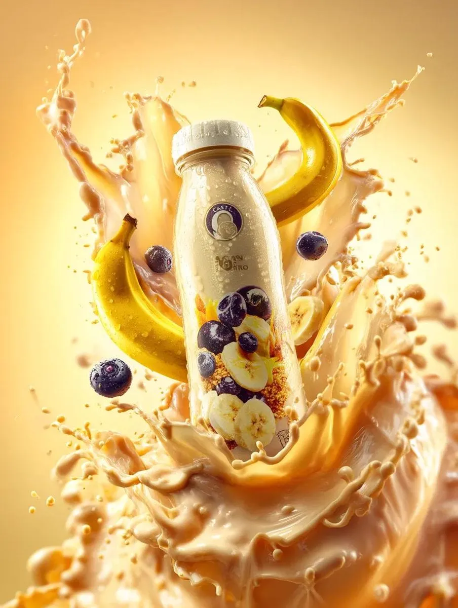 Premium banana milk drink bottle surrounded by swirling milk splash, floating… — 2/4