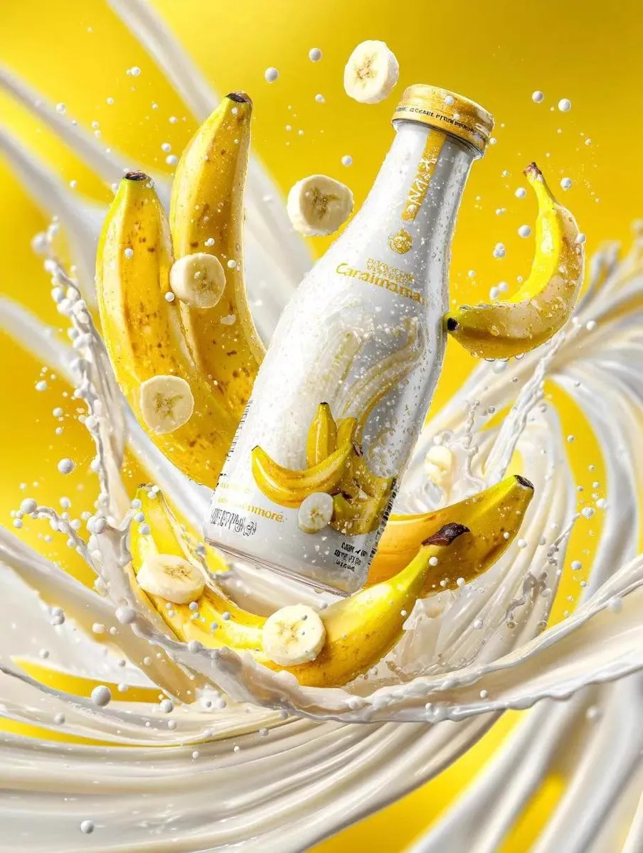 Premium banana milk drink bottle surrounded by swirling milk splash, floating… — 3/4