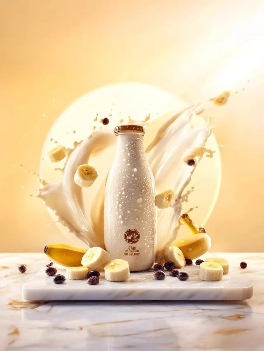 Premium banana milk drink bottle surrounded by swirling milk splash, floating… — 4/4