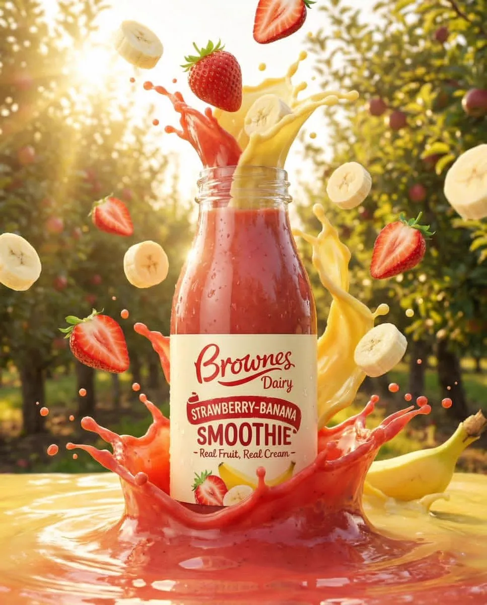 Ultra-realistic product ad of a premium fruit drink bottle, dynamic liquid… — 1/4
