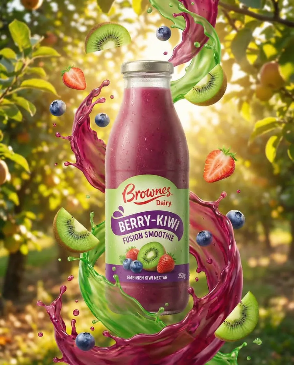 Ultra-realistic product ad of a premium fruit drink bottle, dynamic liquid… — 3/4