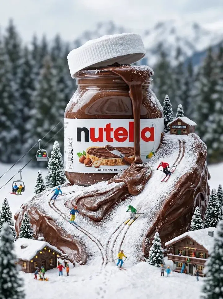 { "cinematic miniature winter world built around a giant Nutella jar, thick…