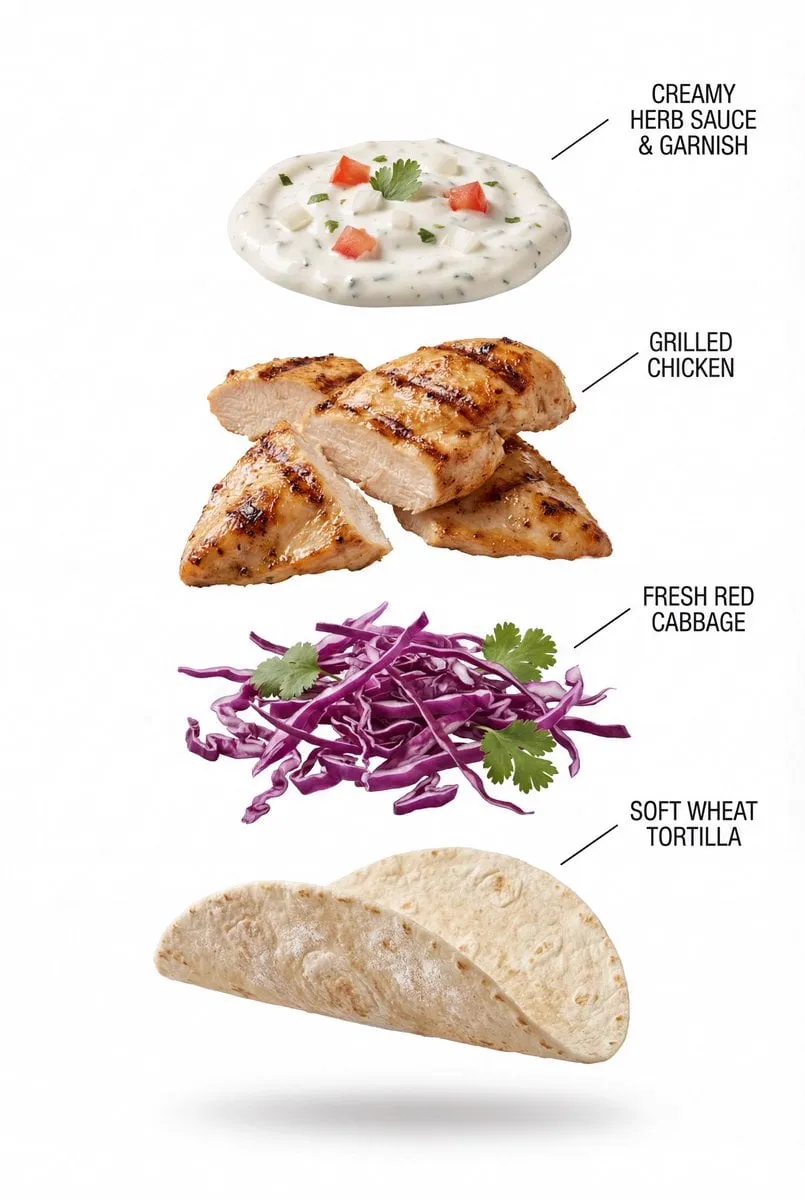 A high-quality, professional product photograph of a grilled chicken taco…
