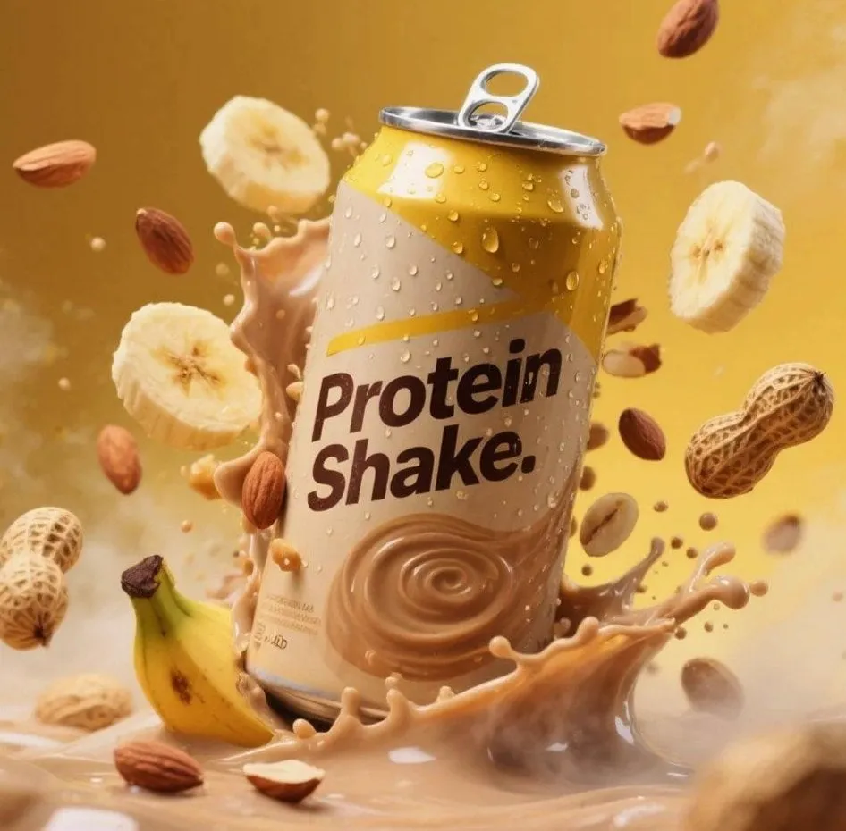 Hyper-realistic product advertisement of a protein shake can with yellow and… — 1/3