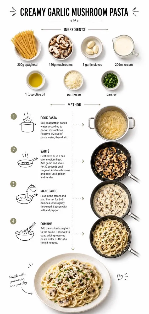 Create step-by-step recipe infographic for creamy garlic mushroom pasta,…