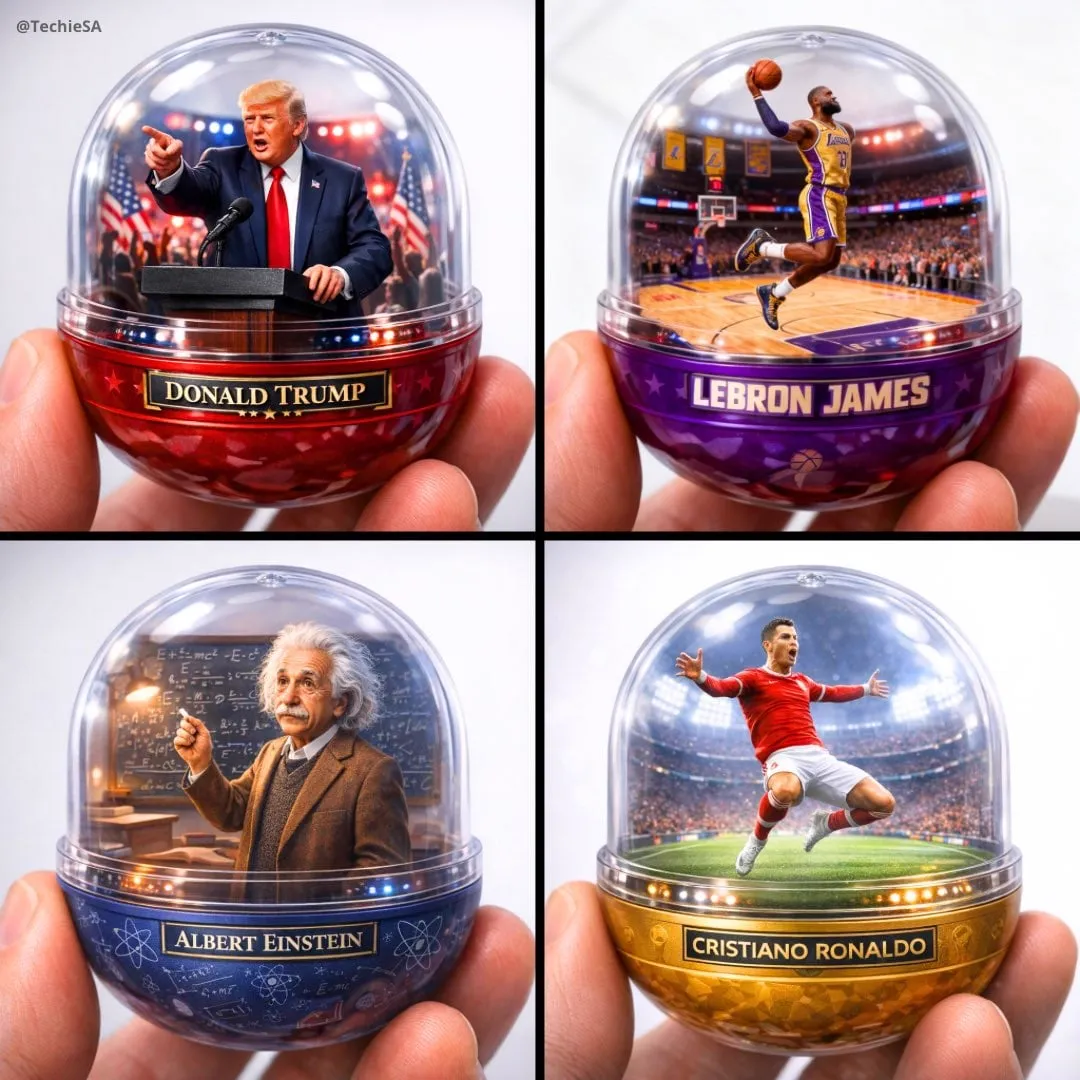 A detailed transparent gashapon capsule diorama, held between fingers,…