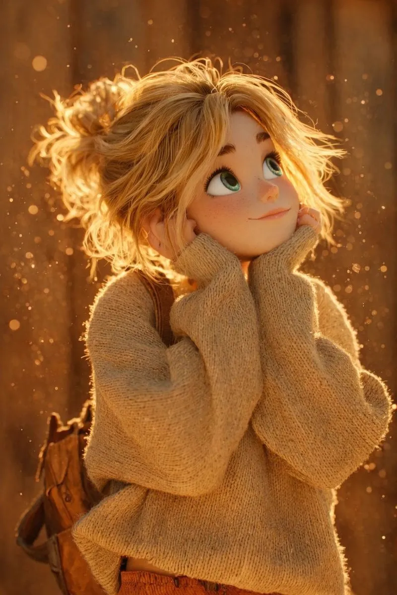 The scene is lit by warm golden hour sunlight, with glowing dust particles… — 1/2