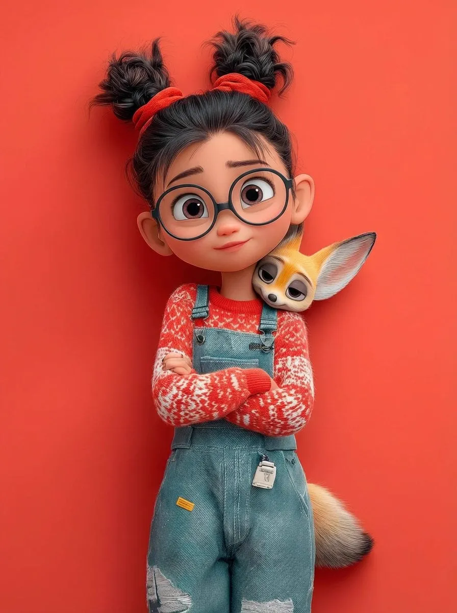 A cute 3D Pixar-style character portrait of a little girl with big expressive…