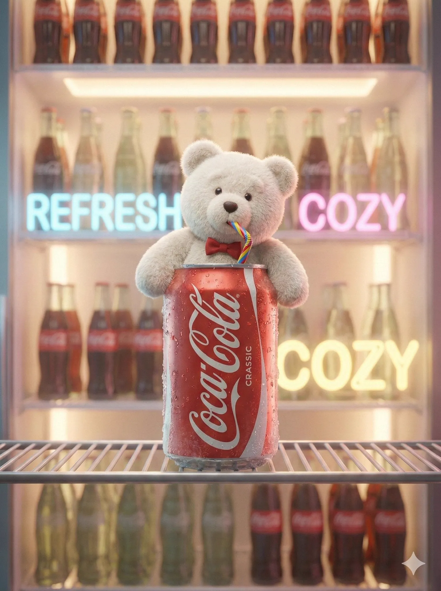 A cute, cinematic brand fantasy scene featuring a fluffy white teddy bear…