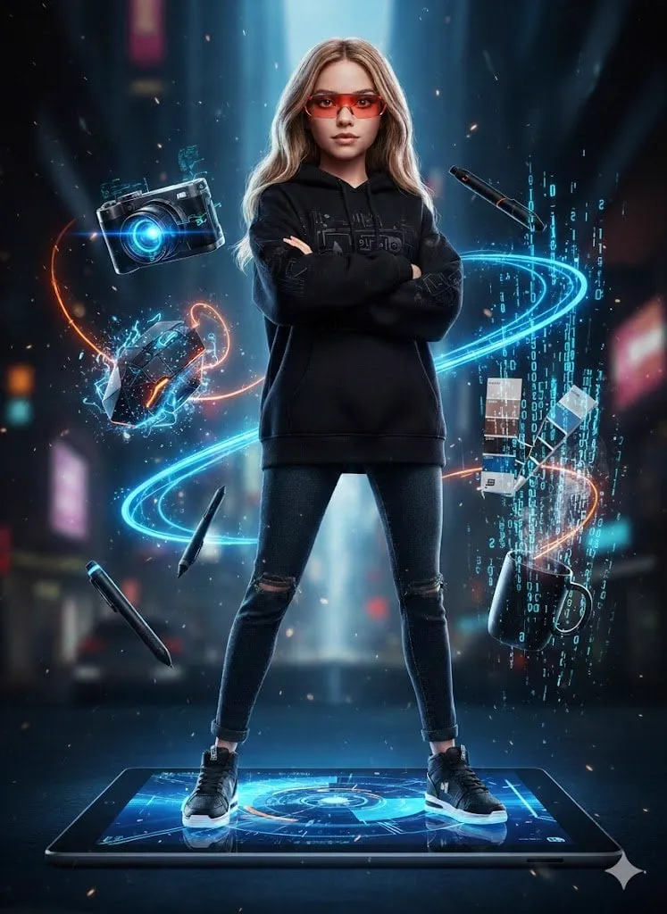 Hyper-realistic full-body portrait of a woman, using the exact pose from the… — 1/2