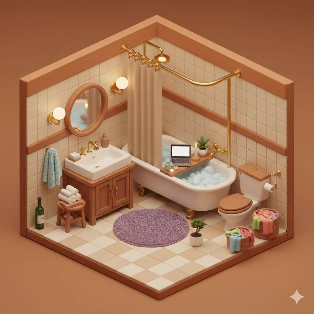 { "prompt": "cute cozy isometric 3D miniature bathroom diorama, warm cozy…