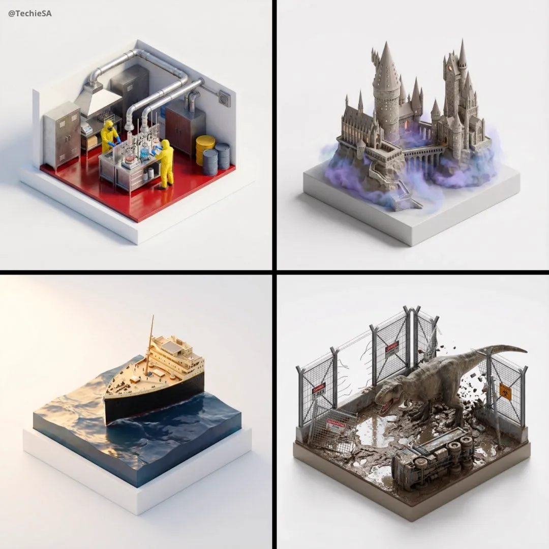 Stylized, ultra high-fidelity 3D isometric miniature diorama, 35–40° isometric…