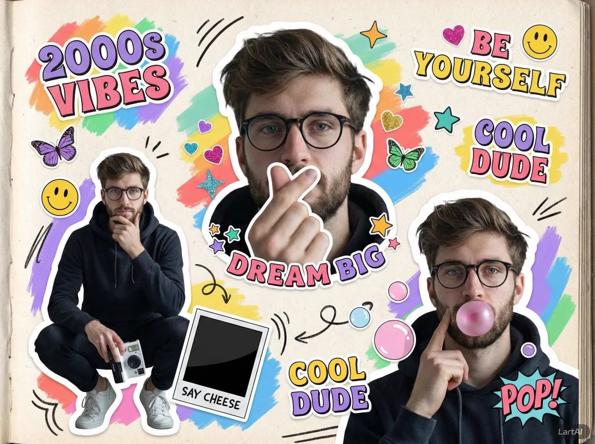 A vibrant 2000s scrapbook-style collage featuring the same young man in…
