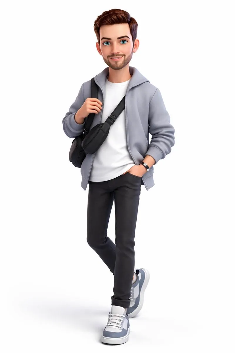 A full-body 3D stylized cartoon boy, Pixar/Disney-inspired character design,…