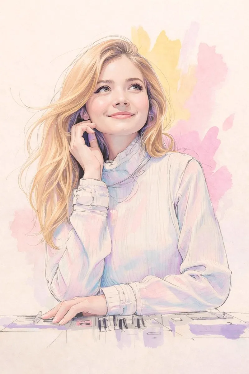 A soft pastel watercolor digital illustration of a young woman with long,… — 1/2