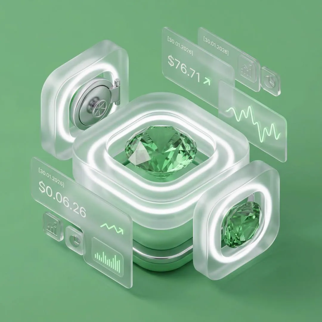 Refined 3D isometric composition (45° angle) in a Glassmorphism + Soft… — 3/4