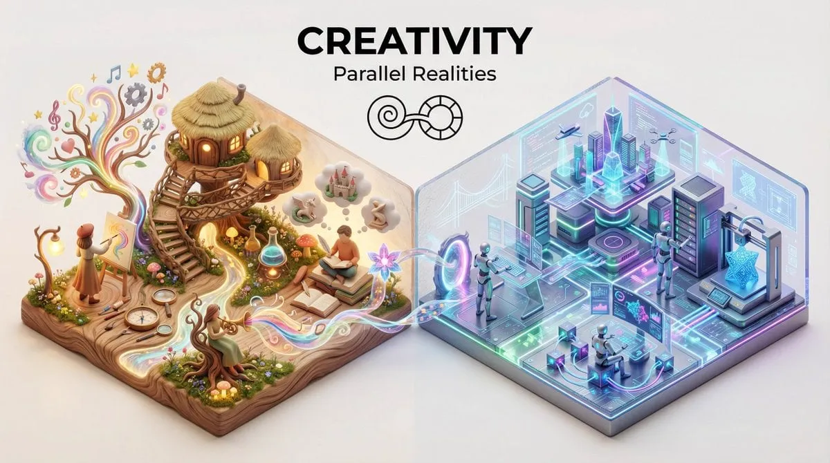 “Present a clear, 45° top-down isometric miniature 3D split diorama showing two… — 1/4