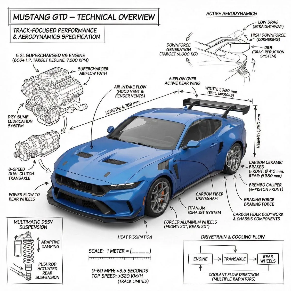 Create an infographic image of Mustang GTD combining a realistic photograph or⌠â 1/2