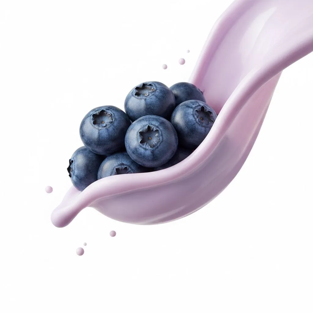 A high-speed studio photograph of a cluster of fresh blueberries suspended… — 1/2