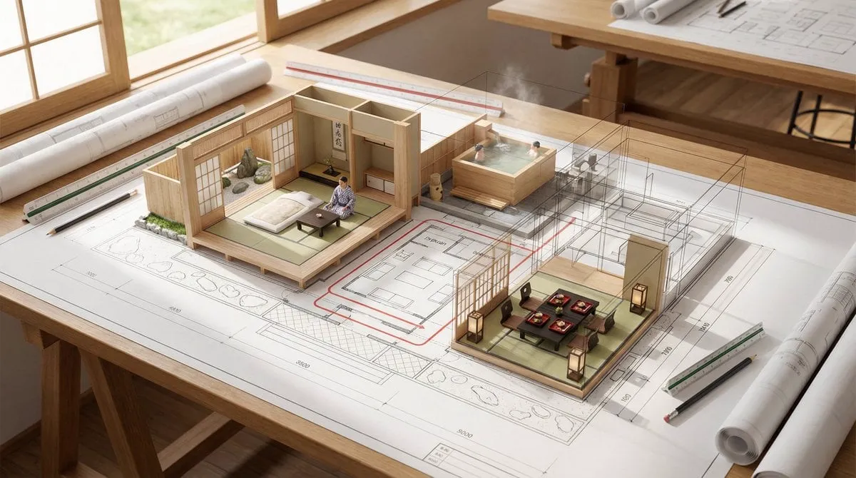 An architectural floor plan of {BUILDING_TYPE} spread across a drafting table,… — 2/4