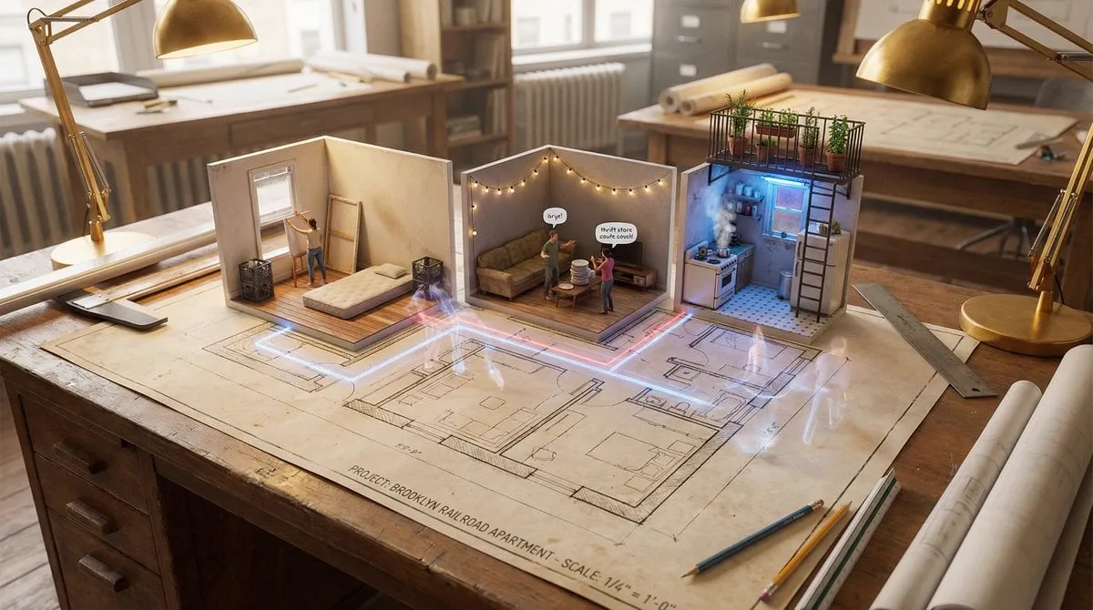 An architectural floor plan of {BUILDING_TYPE} spread across a drafting table,… — 3/4