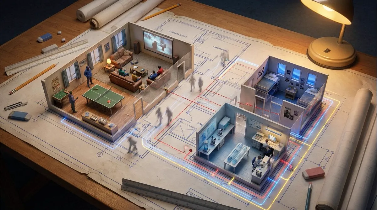 An architectural floor plan of {BUILDING_TYPE} spread across a drafting table,… — 4/4